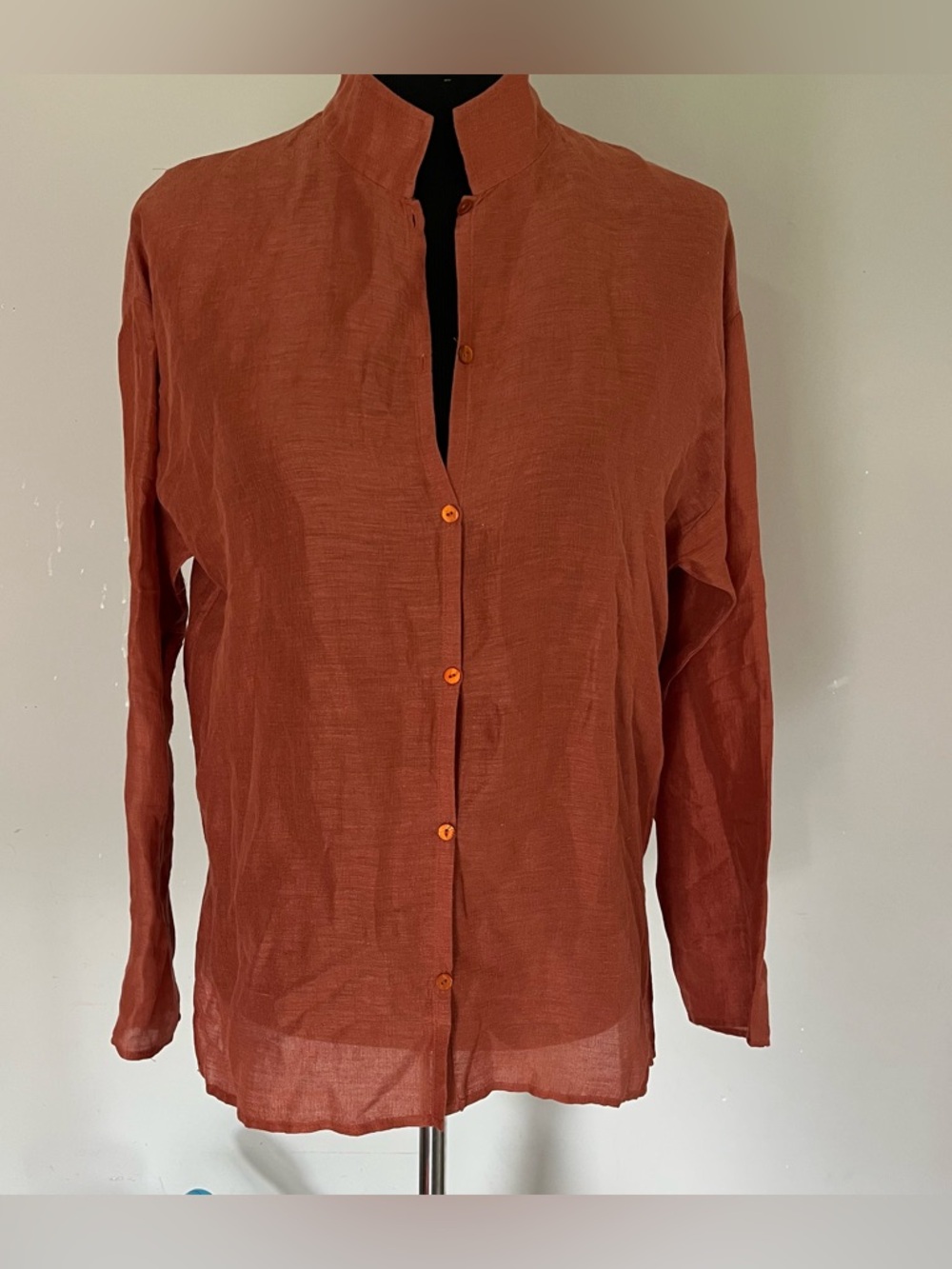 Eileen Fisher Silk Linen Sheer Boxy Blouse Stand Collar Cinnabar Orange XS